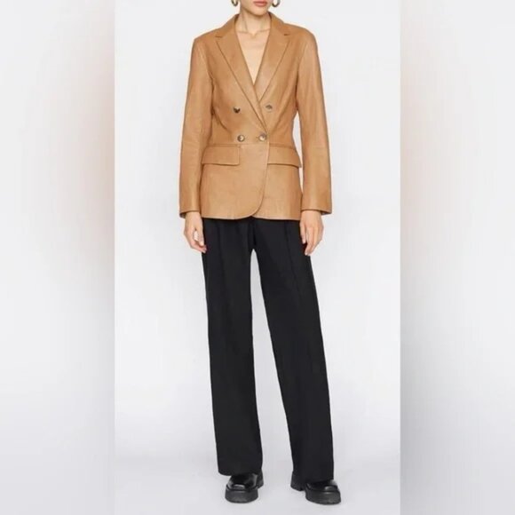 NWT FRAME ’70s Double-Breasted Leather Blazer Latte Size 6 - Picture 4 of 11
